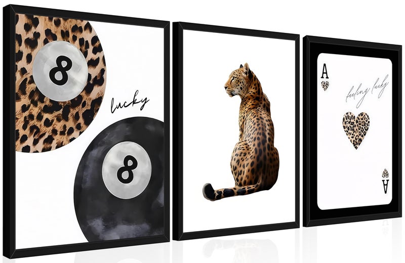 Tmvosn Framed Trendy Leopard Wall Art Set of 3, Funky Preppy Cheetah Wall Decor Paintings, Fashion Lucky 8 Posters Prints Pictures for Living Room Bedroom Dorm 12x16 Inch Black Wood Frame - Image 1