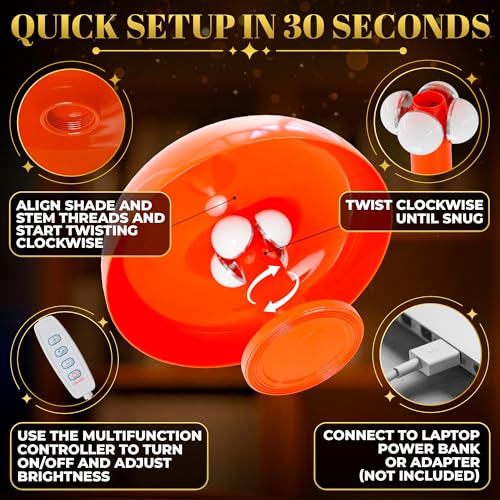 Kotko Orange Mushroom Lamp for Bedroom – Dimmable Vintage Mushroom Lamps Power 5W with 3 Lighting Colors & 10 Brightness – ABS + PVC Build, USB Powered, Bulb Included | Retro Lamp for Reading Room & Office - Image 3
