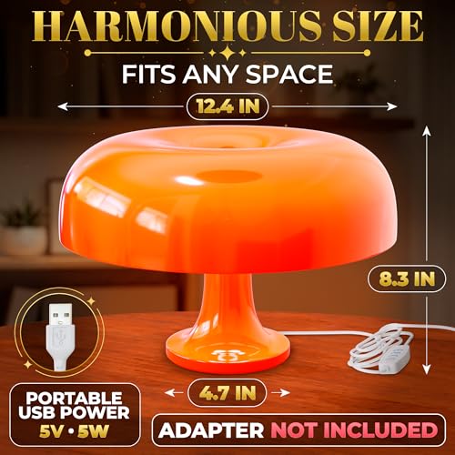 Kotko Orange Mushroom Lamp for Bedroom – Dimmable Vintage Mushroom Lamps Power 5W with 3 Lighting Colors & 10 Brightness – ABS + PVC Build, USB Powered, Bulb Included | Retro Lamp for Reading Room & Office - Image 2