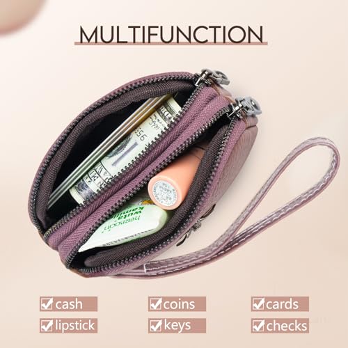imeetu Women Leather Coin Purse, Small 2 Zippered Change Pouch Wallet(Dark Pink, Wrist Strap) - Image 2