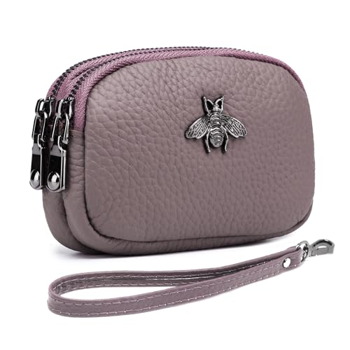 imeetu Women Leather Coin Purse, Small 2 Zippered Change Pouch Wallet(Dark Pink, Wrist Strap) - Image 1
