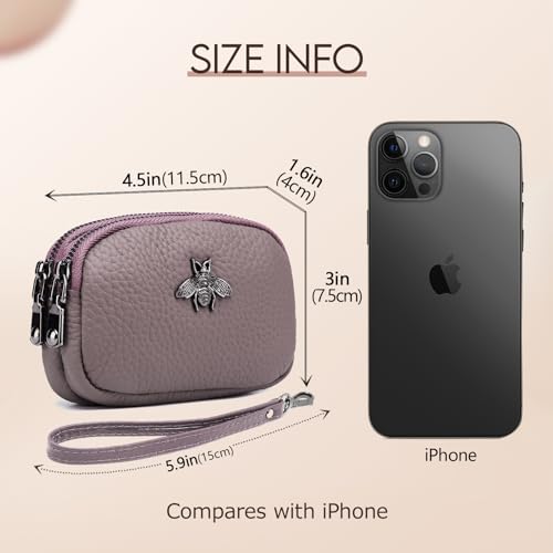 imeetu Women Leather Coin Purse, Small 2 Zippered Change Pouch Wallet(Dark Pink, Wrist Strap) - Image 3