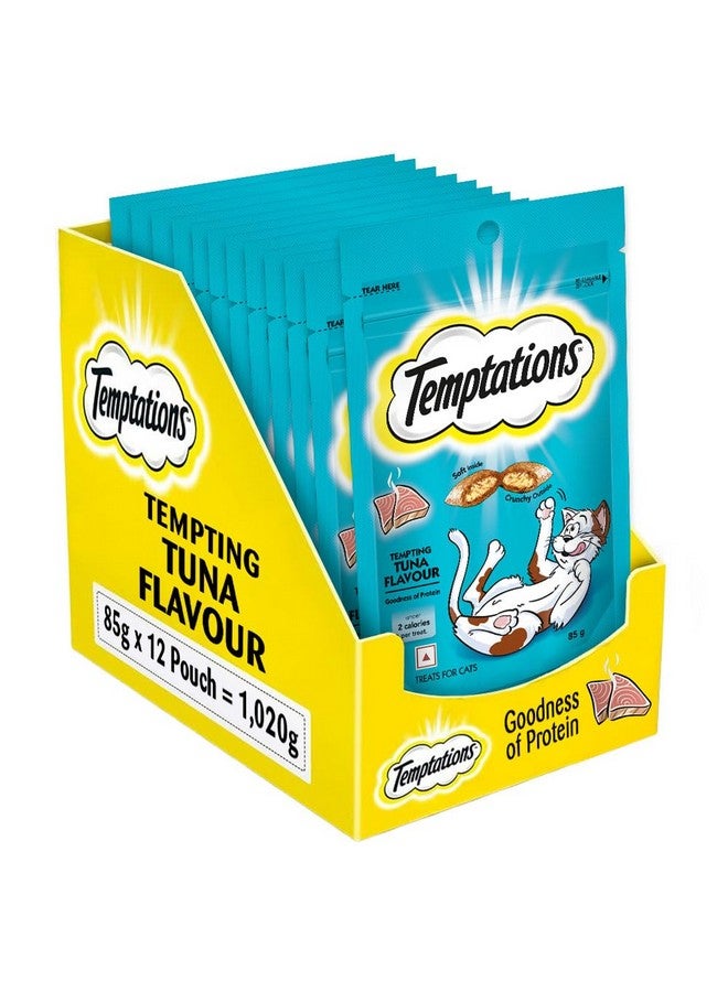 Temptations Crunchy Cat Treats, Tempting Tuna Flavour, 85 g (Pack of 12), Goodness of Protein, Vitamins & Minerals, Soft Inside Crunchy Outside - Image 1