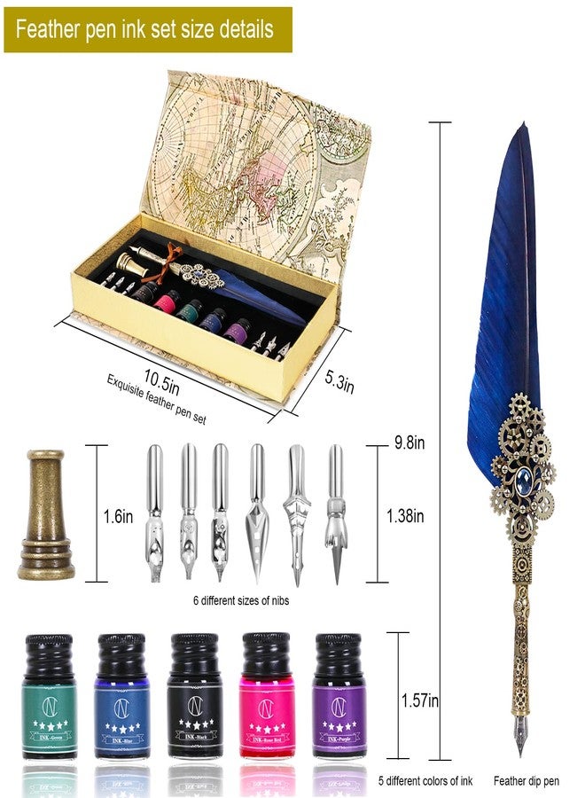 N.C NC Quill Pen Ink Set Includes 5 Bottles of Ink and 6 Replaceable Stainless Steel Nibs, 1 Gear Quill Pen, Calligraphy Pen Set for Writing, Letter Writing, Signature Invitations (Blue) - Image 2