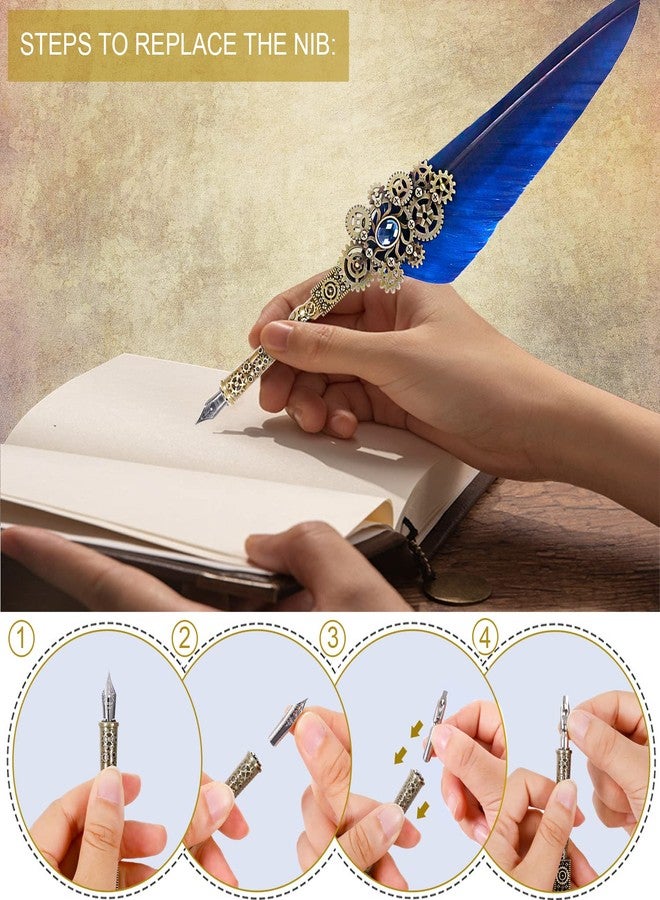 N.C NC Quill Pen Ink Set Includes 5 Bottles of Ink and 6 Replaceable Stainless Steel Nibs, 1 Gear Quill Pen, Calligraphy Pen Set for Writing, Letter Writing, Signature Invitations (Blue) - Image 4