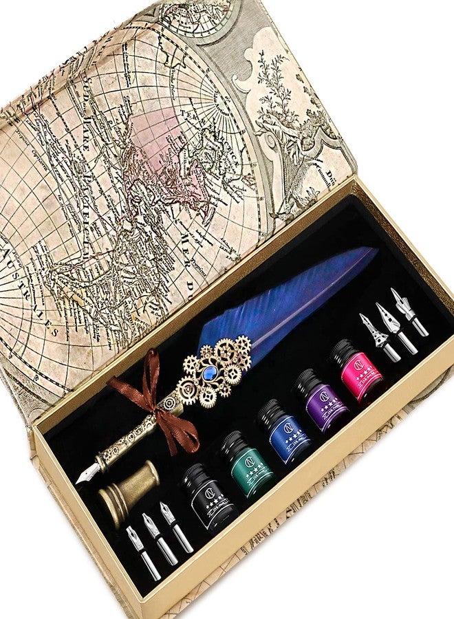 N.C NC Quill Pen Ink Set Includes 5 Bottles of Ink and 6 Replaceable Stainless Steel Nibs, 1 Gear Quill Pen, Calligraphy Pen Set for Writing, Letter Writing, Signature Invitations (Blue) - Image 1