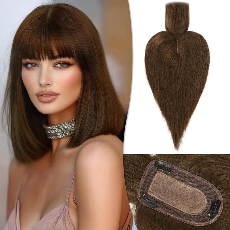 RUWISS Human Hair Topper with Bangs Crown Topper Hair Pieces for Women Short Wiglet Topper for Thinning Hair 75 13CM Silk Base 100 Real Human Hair Clip in Topper 12Inch 40gMedium Brown