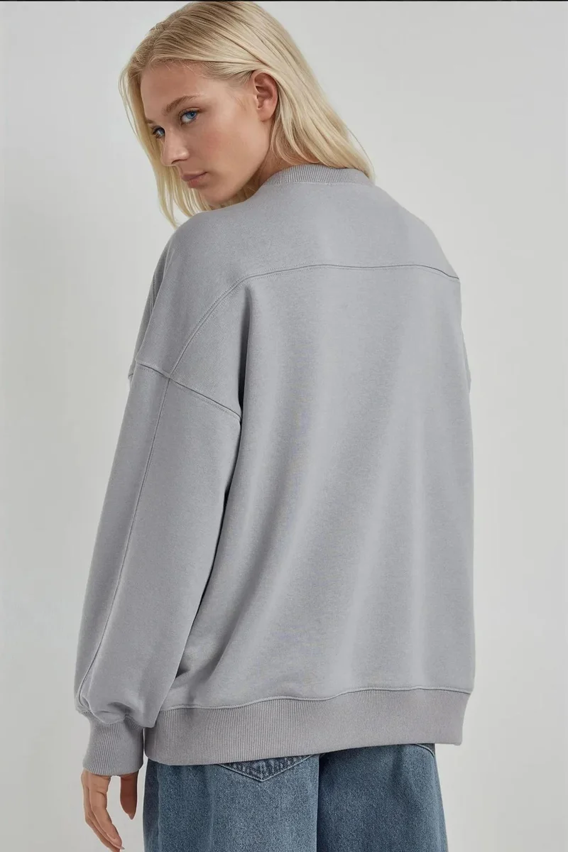 Hiccup Grey Relaxed Fit Crew Neck Knitted Sweatshirt for Women | Best Price UAE