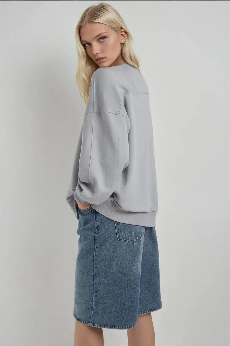 Hiccup Grey Relaxed Fit Crew Neck Knitted Sweatshirt for Women | Best Price UAE