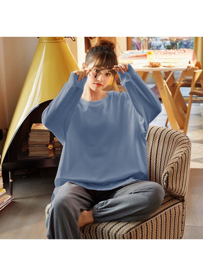 LANG SHA Langsha Women's Pajamas, Pure Cotton Long-sleeve And Pants, Wearable Outside, Round Neck, Korean Style, Solid Color, Casual Loose Loungewear, College Style - Image 3