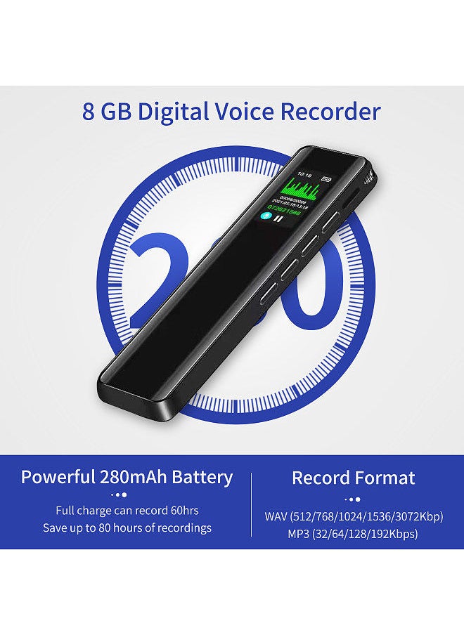Generic - 8GB Digital Voice Recorder Voice Activated Recorder Dictaphone MP3 Player 3072KBPS HD Recording Noise Reduction Timing Recording Password Function Dual Condenser Microphone 60hrs Continuous Recording - Image 1