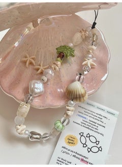 Mobile phone chain decorated with Lovely Palm Tree,white heart-shaped beads and randomly placed shells