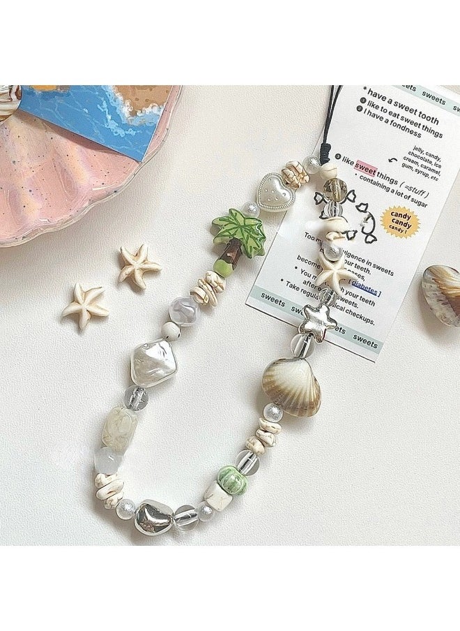 ShebSheb - Mobile phone chain decorated with Lovely Palm Tree,white heart-shaped beads and randomly placed shells - Image 1