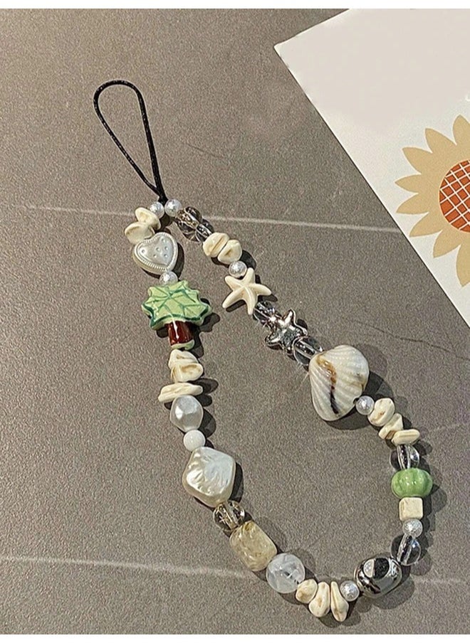 ShebSheb - Mobile phone chain decorated with Lovely Palm Tree,white heart-shaped beads and randomly placed shells - Image 1