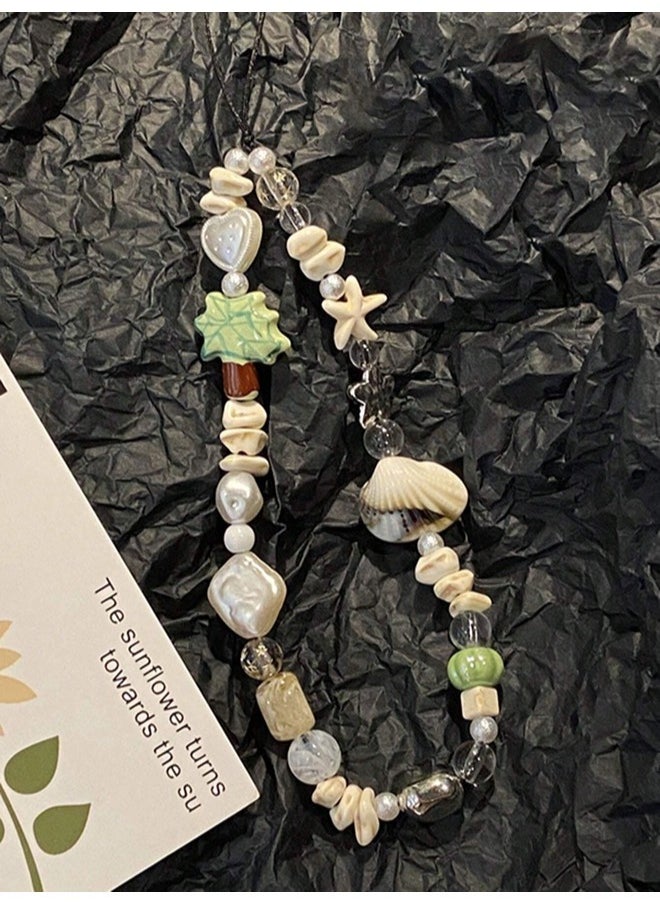 ShebSheb - Mobile phone chain decorated with Lovely Palm Tree,white heart-shaped beads and randomly placed shells - Image 1