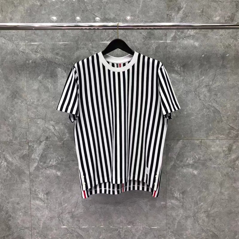 Tb Summer New Vertical Striped Round Neck Short-Sleeve Unisex Classic Solid Color T-Shirt Casual Versatile - Image 1