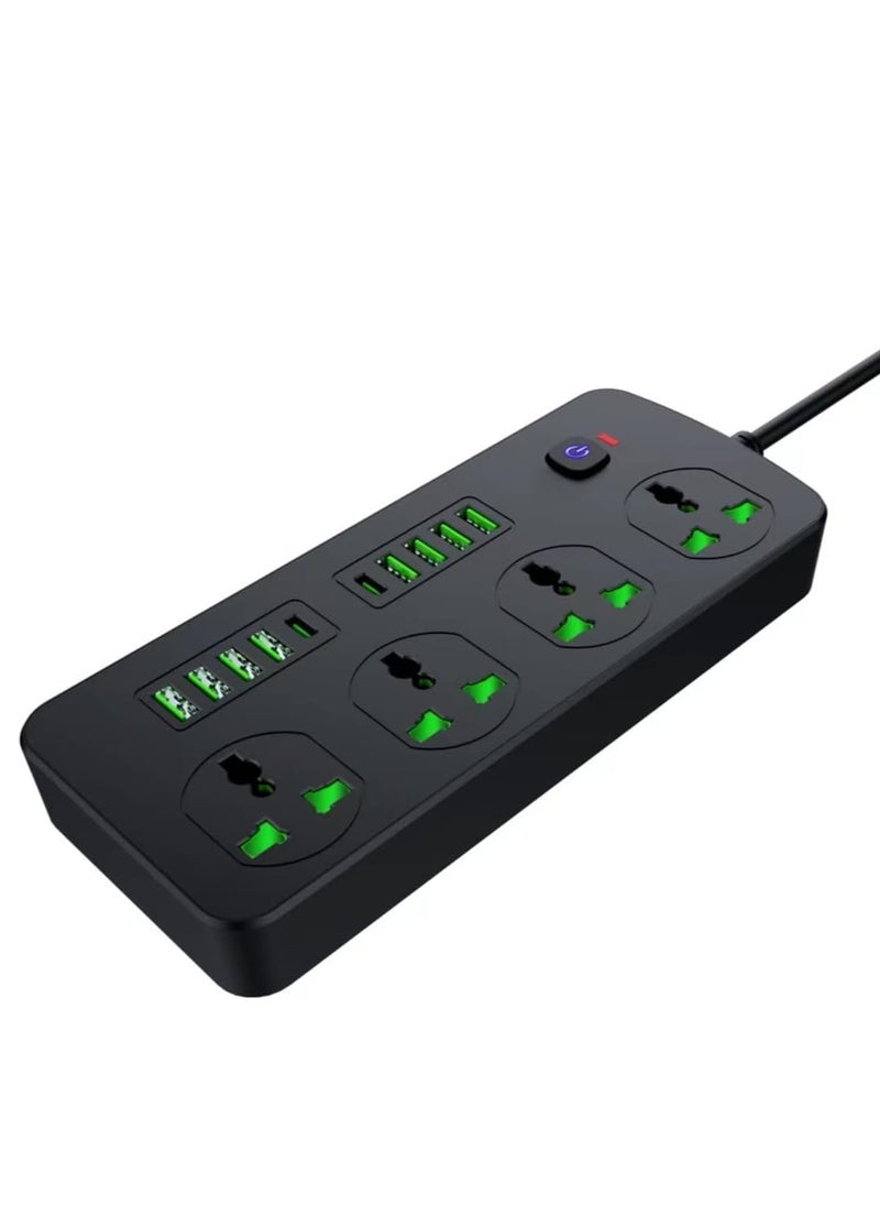 ماركة غير محددة شريط طاقة - سلك تمديد طاقة مسطح بطول 2 متر، 4 منافذ 8 منافذ USB مع حماية من الحمل الزائد، حامل يثبت على الحائط، سطح المكتب (3000 واط)  - Image 1