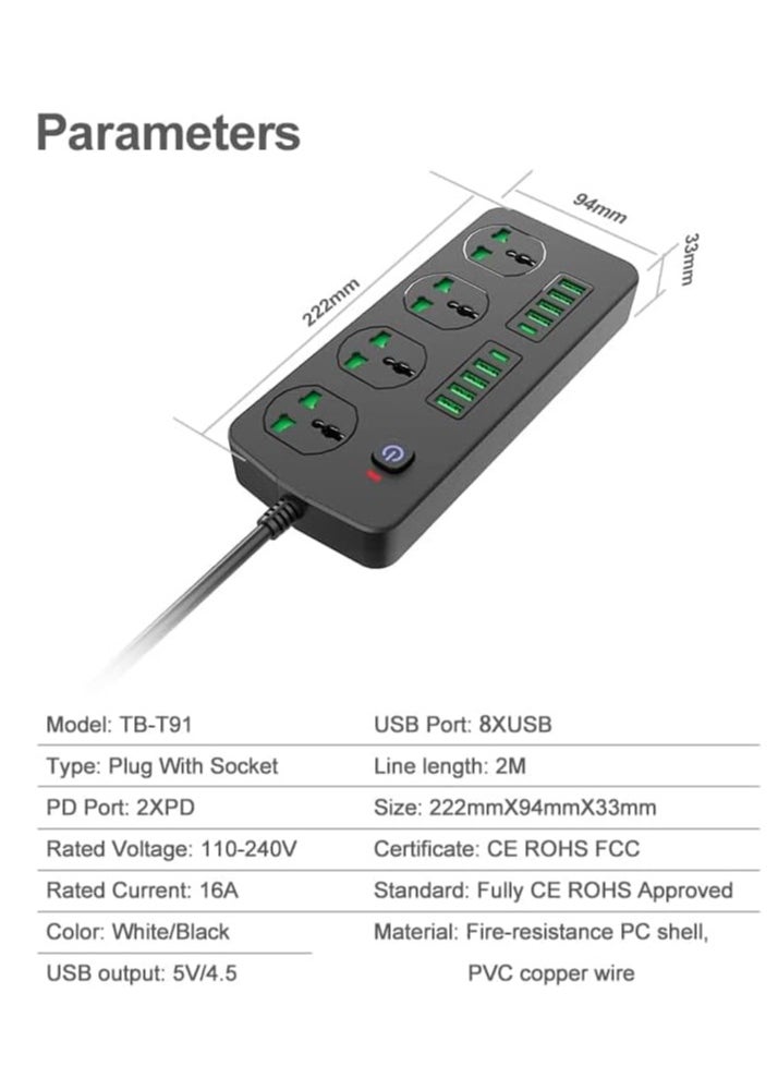 ماركة غير محددة شريط طاقة - سلك تمديد طاقة مسطح بطول 2 متر، 4 منافذ 8 منافذ USB مع حماية من الحمل الزائد، حامل يثبت على الحائط، سطح المكتب (3000 واط)  - Image 4