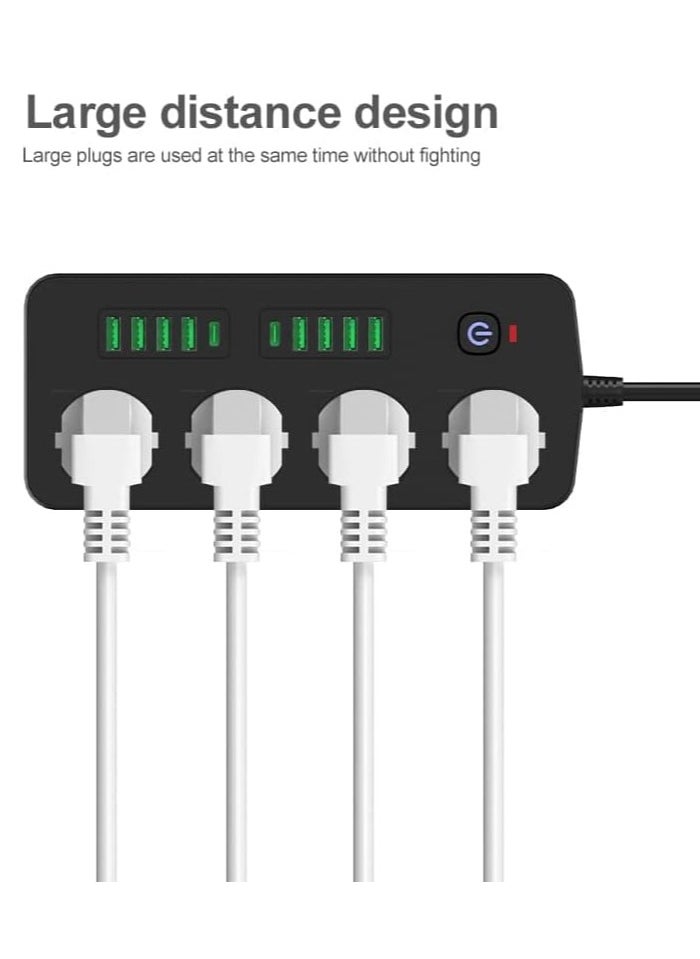 ماركة غير محددة شريط طاقة - سلك تمديد طاقة مسطح بطول 2 متر، 4 منافذ 8 منافذ USB مع حماية من الحمل الزائد، حامل يثبت على الحائط، سطح المكتب (3000 واط)  - Image 3