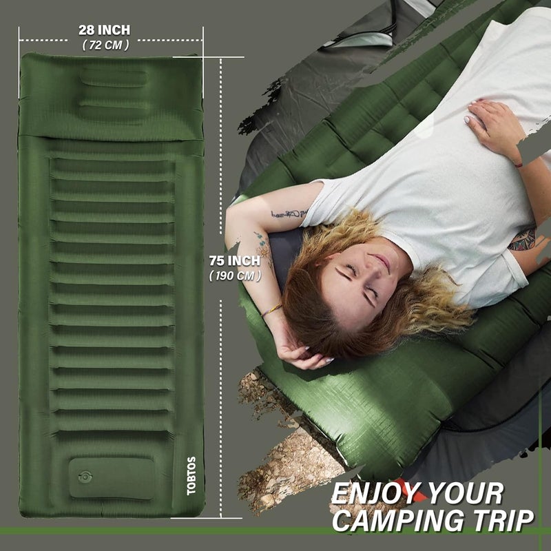 TOBTOS Inflatable Camping Sleeping Pad with Pillow, Thick 6 Inch Ultralight Sleeping Pad with Built-in Pump, Lightweight Sleeping Mat for Camping, Backpacking, Hiking, Tent (Green) - Image 3