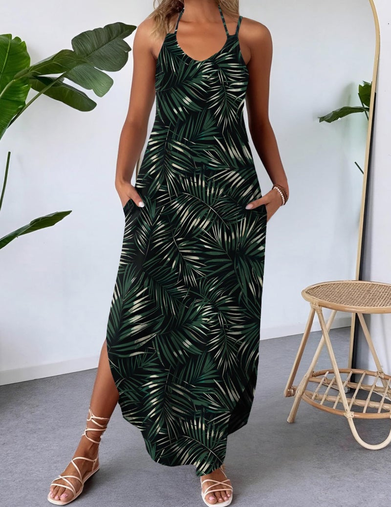 Zeagoo Resort Wear for Women 2026 Summer Dress Boho V-Neck Sleeveless Beach Dress Leaf L - Image 2