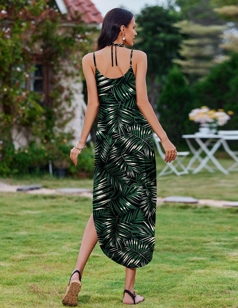 Zeagoo Resort Wear for Women 2026 Summer Dress Boho V-Neck Sleeveless Beach Dress Leaf L - Image 5