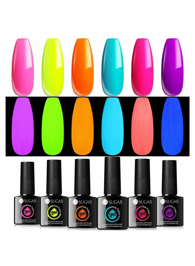 UR SUGAR Glow in the Dark Gel Nail Polish Set, Halloween Neon Hot Pink Yellow Orange Bright Luminous Gel Polish Set Fluorescent 6 Colors Glow in Dark Effect Soak Off Nail Polish Kit for Party Nails - Image 1