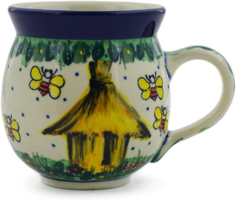Polmedia Polish Pottery كوب فقاعات خزف بولندي سعة 12 أونصة من صنع سيراميكا أرتيستشينا بموضوع نحلة سعيدة توقيع يونيكات - Image 1