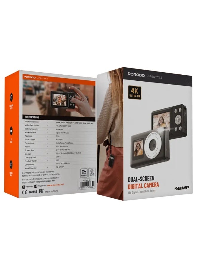 بورودو كاميرا بورودو الرقمية ثنائية الشاشة مع تقريب رقمي 18x، قابلة لإعادة الشحن بمنفذ شحن من النوع C، بطارية 800 مللي أمبير، ضبط تلقائي للصورة، شاشة عرض مزدوجة، زاوية رؤية واسعة 75 درجة، دقة 4K فائقة الوضوح - أسود - Image 2