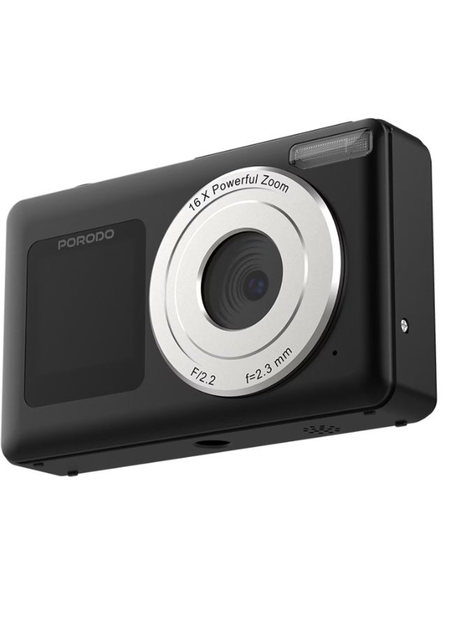 بورودو كاميرا بورودو الرقمية ثنائية الشاشة مع تقريب رقمي 18x، قابلة لإعادة الشحن بمنفذ شحن من النوع C، بطارية 800 مللي أمبير، ضبط تلقائي للصورة، شاشة عرض مزدوجة، زاوية رؤية واسعة 75 درجة، دقة 4K فائقة الوضوح - أسود - Image 4