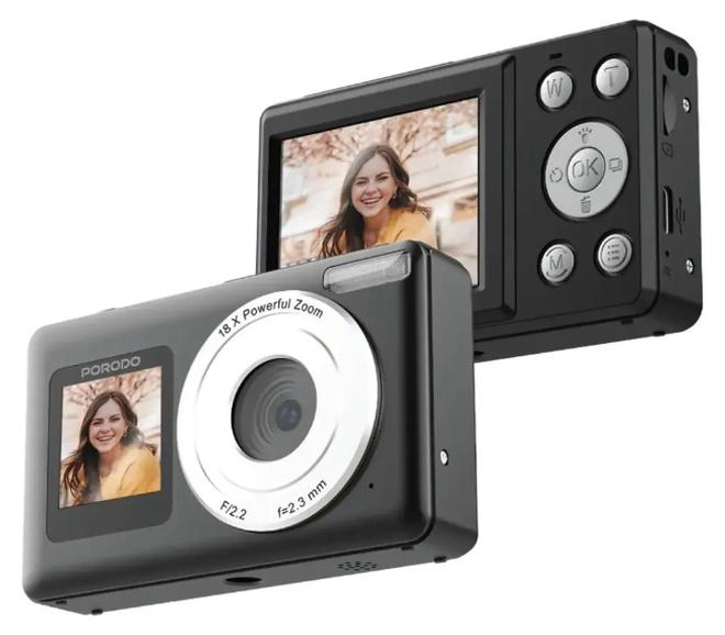 بورودو كاميرا بورودو الرقمية ثنائية الشاشة مع تقريب رقمي 18x، قابلة لإعادة الشحن بمنفذ شحن من النوع C، بطارية 800 مللي أمبير، ضبط تلقائي للصورة، شاشة عرض مزدوجة، زاوية رؤية واسعة 75 درجة، دقة 4K فائقة الوضوح - أسود - Image 1