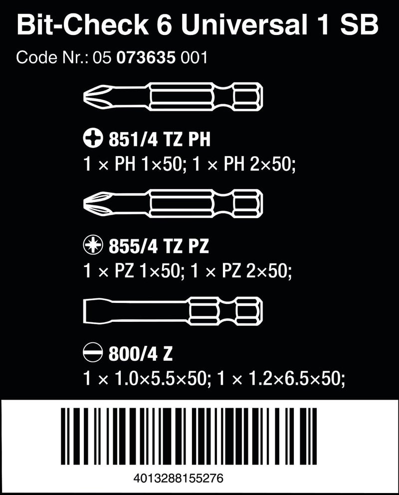 Wera BIT-Check 6 Universal 1 SB - 6 Piece Bit Set for Slotted/PH/PZ Screws - Image 2