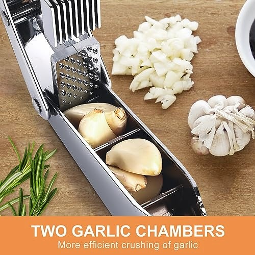 MULIRE Garlic press and slicer 2 in 1,Effortlessly Crush, Slice, and Mince Garlic,with this Versatile Kitchen Tool - Perfect for Home Cooks and Professional Chefs Alike. (Silvery) - Image 2
