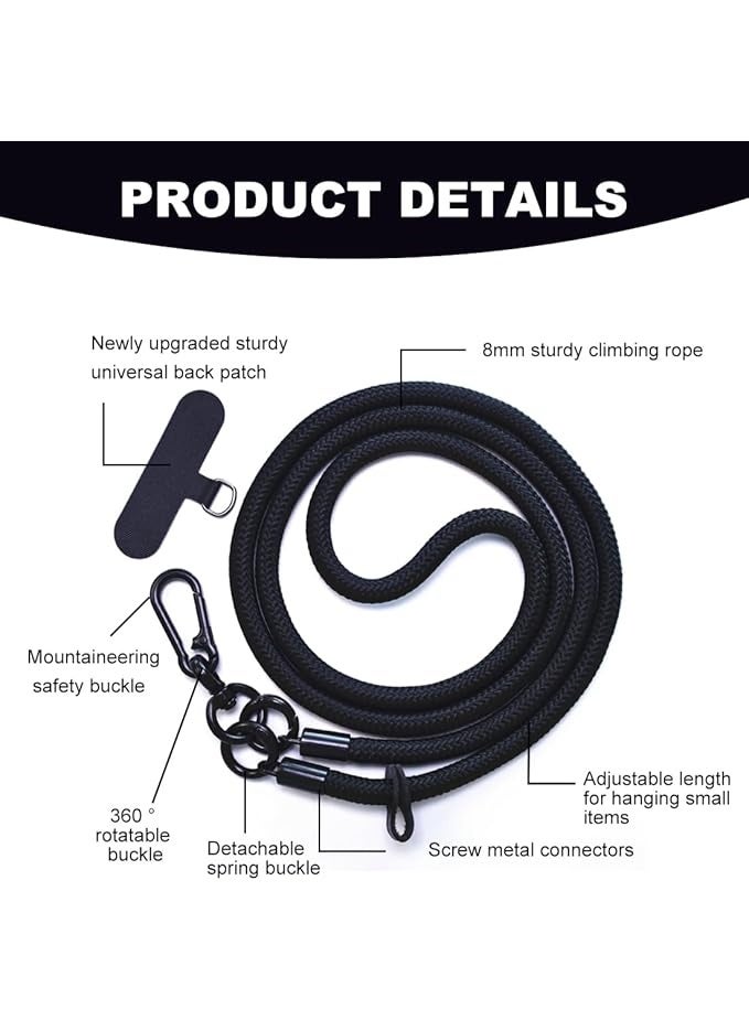 بتيمفم حزام هاتف عالمي قابل للتعديل مع حبل مضفر من النايلون، ومشبك دوار 360 درجة، ورقعة رفيعة للغاية بدون عوائق، وحامل مضاد للسرقة بدون استخدام اليدين لأجهزة iPhone/Android - Image 2