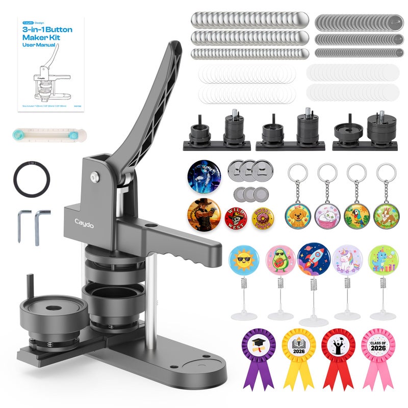 Caydo Button Maker Machine Multiple Sizes, 1+1.25+2.25 Inch Pin Maker Machine Kit, 3 in 1 Button Press Machine Making Kit with Maker Supplies for Fridge Magnet Keychain Bottle Opener DIY Crafts - Image 1