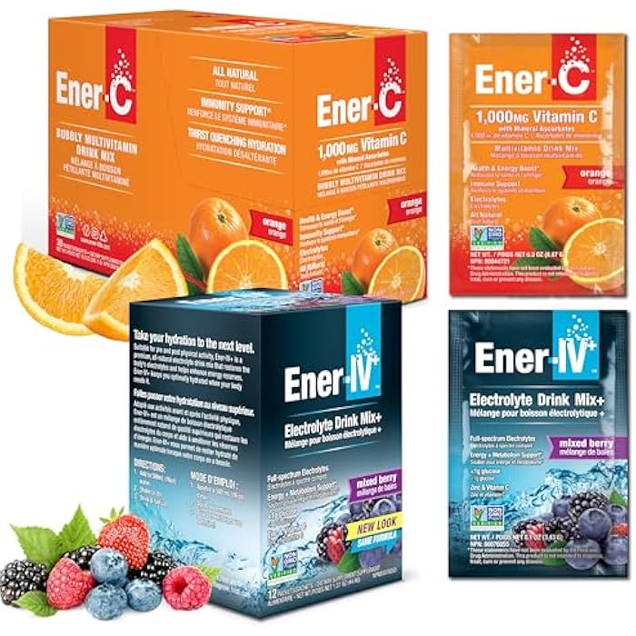 Ener-C باقة مشروبات Ener-C و Ener-IV - عبوات فيتامين للماء، عبوة مسحوق الكهارل، مزيج سائل للترطيب، معزز المناعة للبالغين، طاقة صحية، إعادة ترطيب منخفضة السكر للنساء والرجال - 42 عد - Image 1