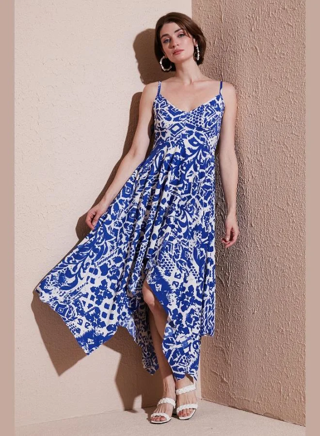 ليلا فستان نسائي ليلا مقاس عادي بطول ميدي بحمالات وتصميم غير متماثل بنقوش