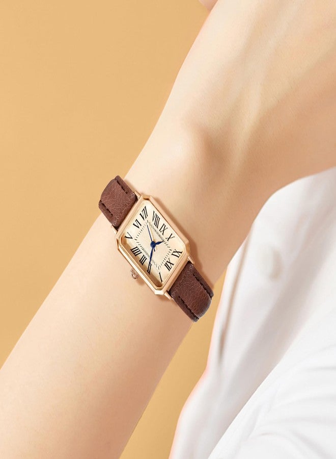 BESTKANG Leather Strap Watches for Women Elegant Dainty Ladies Watch Vintage Rectangle Women Quartz Wrist Watch, Brown Gold, vintage - Image 3