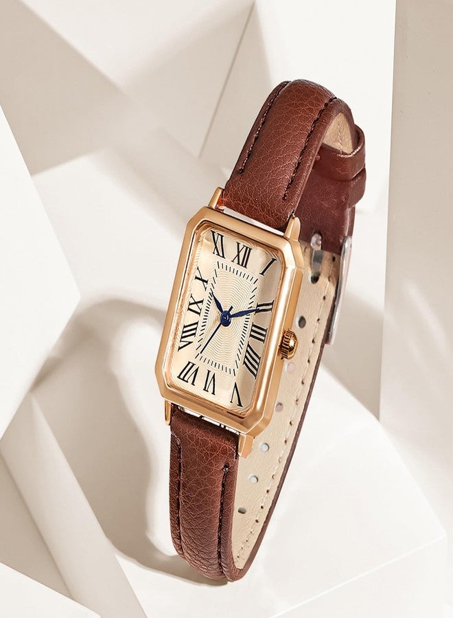 BESTKANG Leather Strap Watches for Women Elegant Dainty Ladies Watch Vintage Rectangle Women Quartz Wrist Watch, Brown Gold, vintage - Image 4