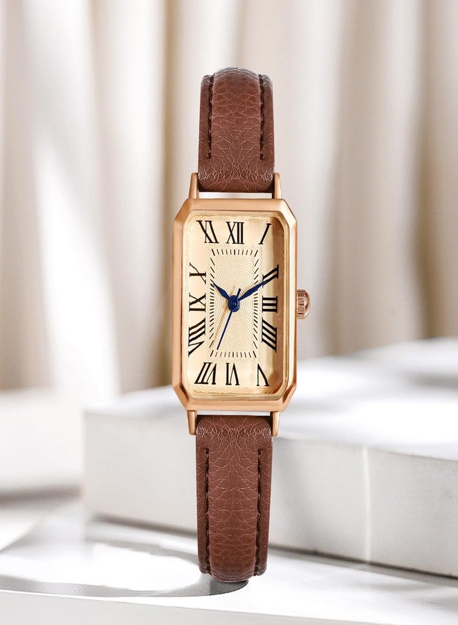 BESTKANG Leather Strap Watches for Women Elegant Dainty Ladies Watch Vintage Rectangle Women Quartz Wrist Watch, Brown Gold, vintage - Image 2