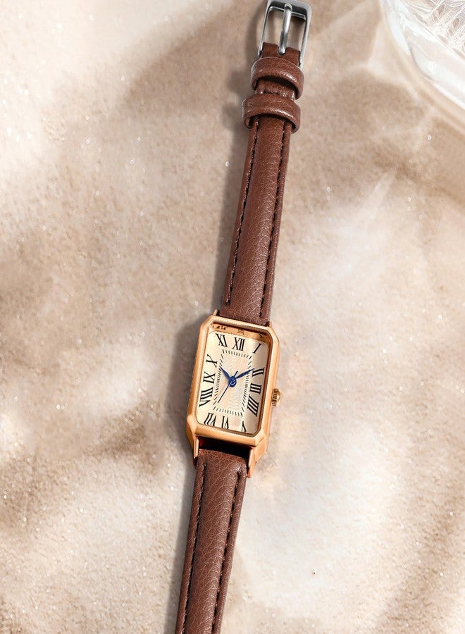 BESTKANG Leather Strap Watches for Women Elegant Dainty Ladies Watch Vintage Rectangle Women Quartz Wrist Watch, Brown Gold, vintage - Image 5