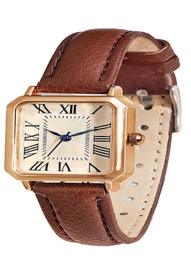 BESTKANG Leather Strap Watches for Women Elegant Dainty Ladies Watch Vintage Rectangle Women Quartz Wrist Watch, Brown Gold, vintage - Image 1