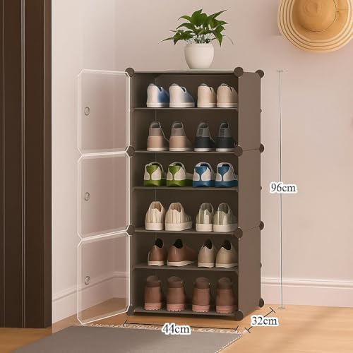 HEMOVIA Plastic Shoe Rack for Home | 6 𝐒𝐡𝐞𝐥𝐟 DIY Shoe Rack with Door for Home Storage Plastic Box Organizer, Metal Door Frame, Chappal Slipper Sandals Stand (Grey, 3-Shelf-6-Door) - Image 2