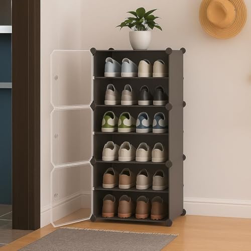 HEMOVIA Plastic Shoe Rack for Home | 6 𝐒𝐡𝐞𝐥𝐟 DIY Shoe Rack with Door for Home Storage Plastic Box Organizer, Metal Door Frame, Chappal Slipper Sandals Stand (Grey, 3-Shelf-6-Door) - Image 1