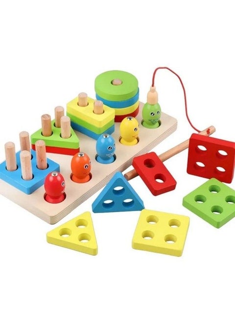 Wooden Shape Stacking And Sorting Block Puzzle Toy Early Learning Educational Toddler Gift For 3 Year+ Kids (4 Shape Sorter With 5 Magnet Fish Multicolor)