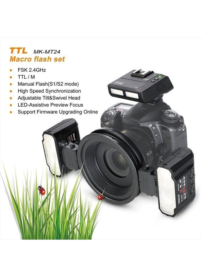Meike MK-MT24 Close-Up Speedlight Macro Twin Lite Flash Compatible with Nikon F-Mount Z-Mount Digital SLR Cameras D1X D2 D2H D2X D3 D3X D200 D300 D300S D700 D3500 Z6 Z7, etc