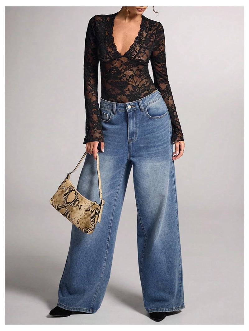 OYOANGLE Women's Mesh Sheer Floral Lace Bodysuits Deep V Neck Bell Long Sleeves Leotards Bodysuit Top Slim Fit Jumpsuit Black Medium - Image 4
