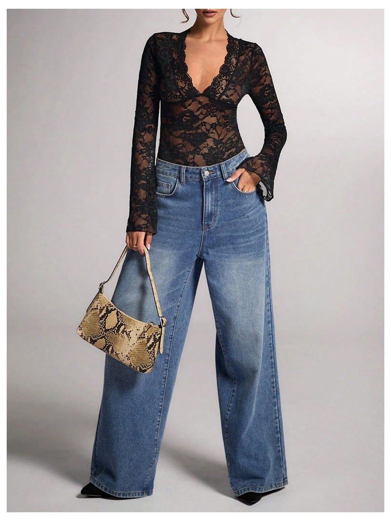 OYOANGLE Women's Mesh Sheer Floral Lace Bodysuits Deep V Neck Bell Long Sleeves Leotards Bodysuit Top Slim Fit Jumpsuit Black Medium - Image 3