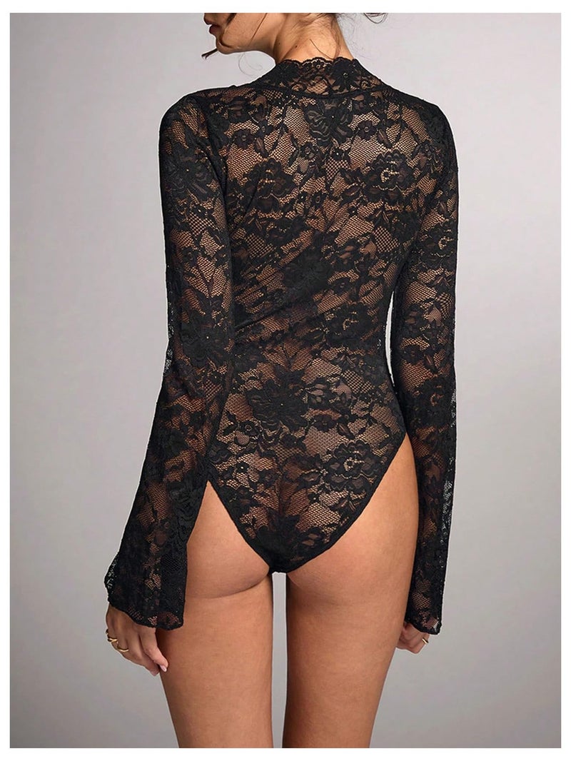 OYOANGLE Women's Mesh Sheer Floral Lace Bodysuits Deep V Neck Bell Long Sleeves Leotards Bodysuit Top Slim Fit Jumpsuit Black Medium - Image 2
