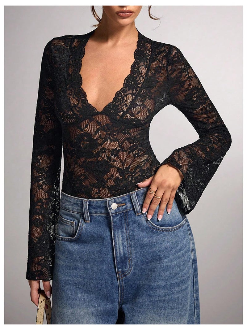 OYOANGLE Women's Mesh Sheer Floral Lace Bodysuits Deep V Neck Bell Long Sleeves Leotards Bodysuit Top Slim Fit Jumpsuit Black Medium - Image 5